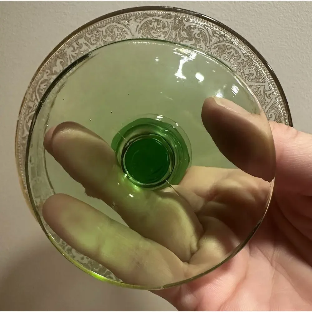 Vaseline Green Clear Glass Compote 24K Gold Rim Candy Trinket Dish MCM Vintage
